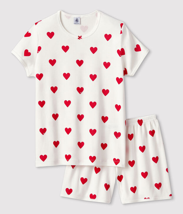 Kinder-Kurzpyjama aus Baumwolle mit Herzmotiv f&uuml;r M&auml;dchen weiss/rot