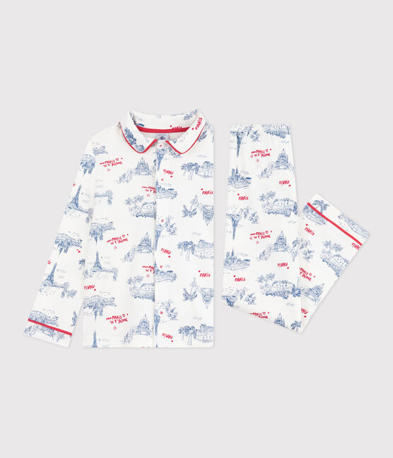 Kinder-Pyjama mit Knopfverschluss aus Baumwolle mit Paris-Motiven weiss MARSHMALLOW/weiss MULTICO