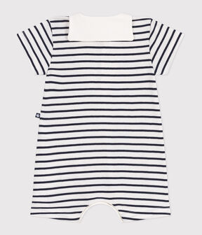 Baby-Kurzoverall mit Matrosenkragen aus gestreifter Baumwolle  weiss MARSHMALLOW/blau SMOKING