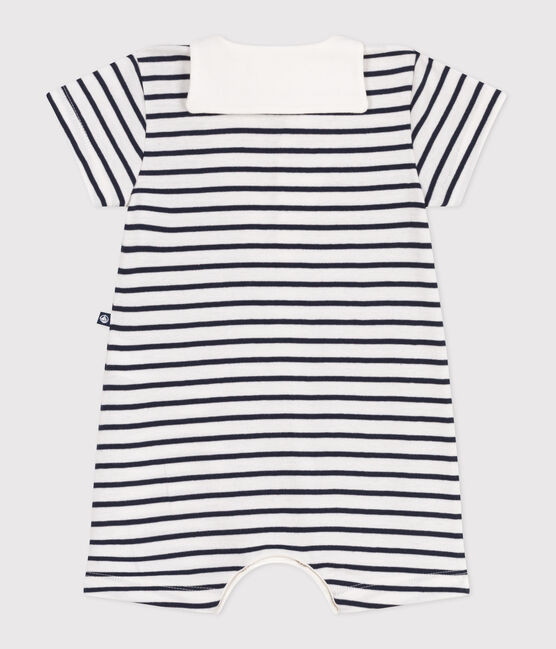 Baby-Kurzoverall mit Matrosenkragen aus gestreifter Baumwolle  weiss MARSHMALLOW/blau SMOKING