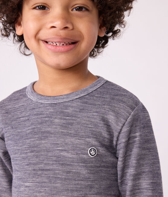 Langärmeliges Kinder-T-Shirt aus Wolle und Baumwolle mit Streifen blau SOIR/ MARSHMALLOW