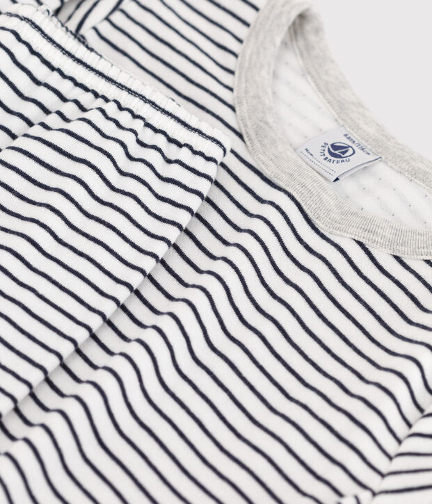 Kinderpyjama aus Doppeljersey mit Streifen weiss/blau