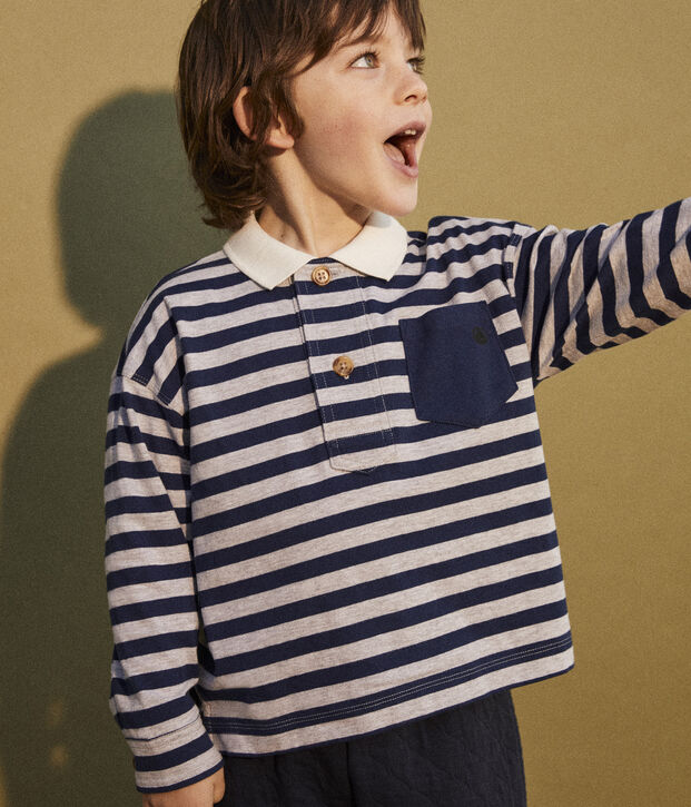 Lang&auml;rmeliges, gestreiftes Kinder-Poloshirt aus Baumwolle f&uuml;r Jungen blau/grau