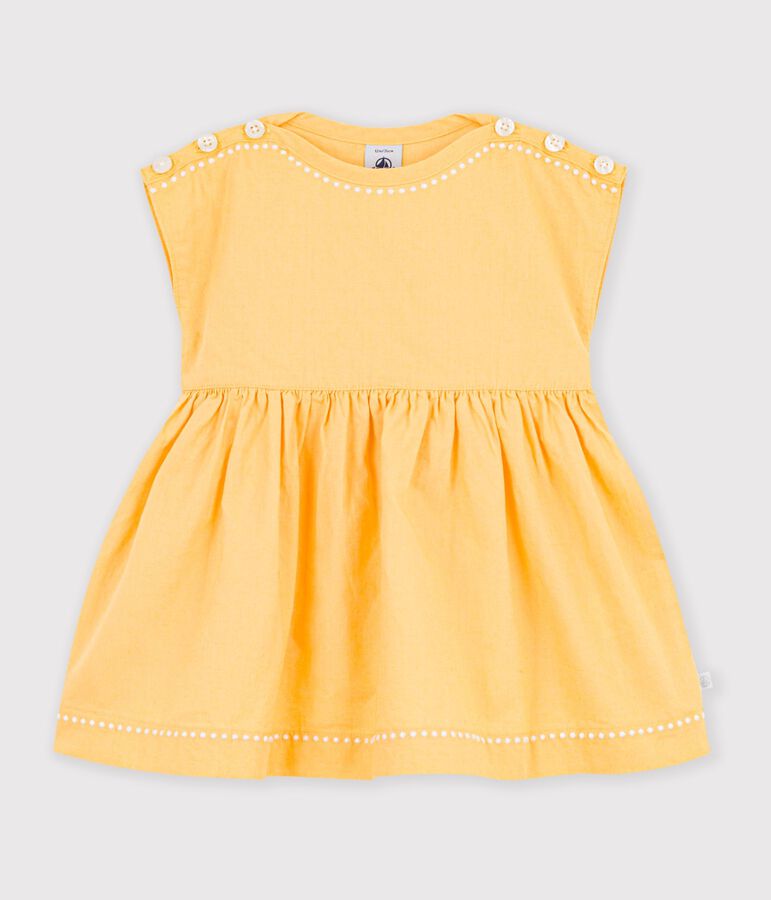 Kurz&auml;rmeliges Baby-Kleid aus einfarbigem Baumwoll-/Leinenstoff gelb