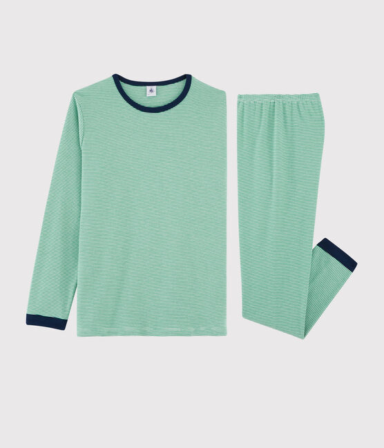 Kinderpyjama aus Rippstrick mit Ringelmuster grün PRADO/weiss MARSHMALLOW