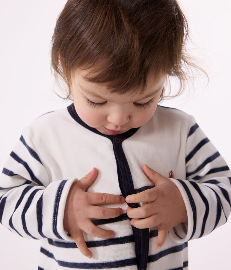 Gestreifter Baby-Pyjama aus Samt weiss/blau