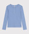 Langärmeliges Damen-T-Shirt mit Kragen mit Knopfleiste im einfarbigen Nadelzug-Strick blau SKY CHINE
