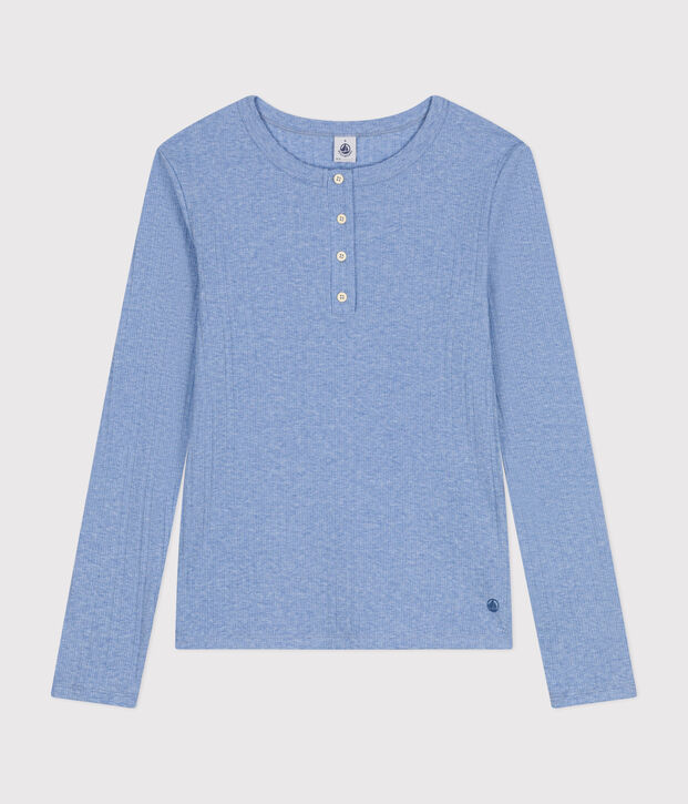 Lang&auml;rmeliges Damen-T-Shirt mit Kragen mit Knopfleiste im einfarbigen Nadelzug-Strick blau