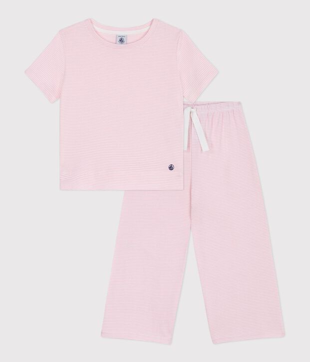 Kurz&auml;rmeliger Kinder-Pyjama aus Baumwolle mit weiten Beinen und Streifen rosa/weiss