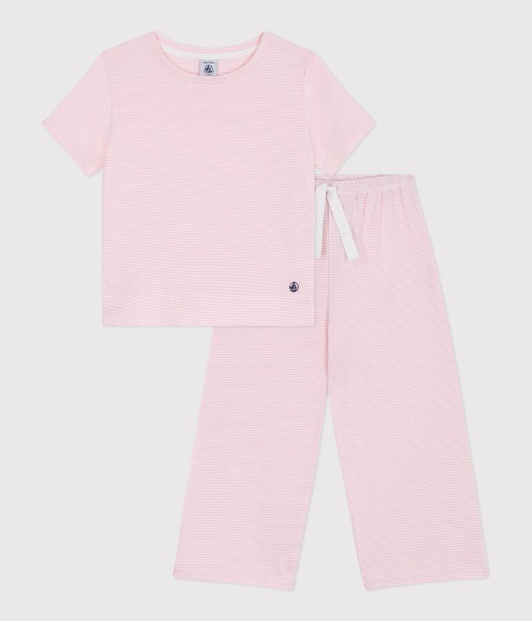 Kurz&auml;rmeliger Kinder-Pyjama aus Baumwolle mit weiten Beinen und Streifen rosa/weiss