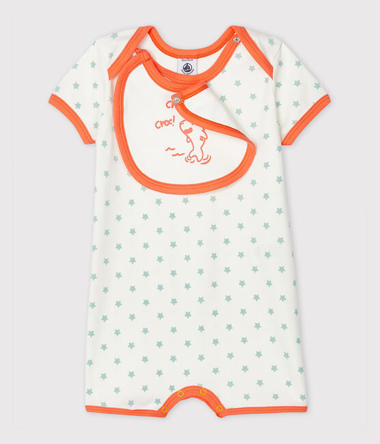 Baby-Kurzoveralls aus Rippstrick für Jungen weiss MARSHMALLOW/grün VERGLAS