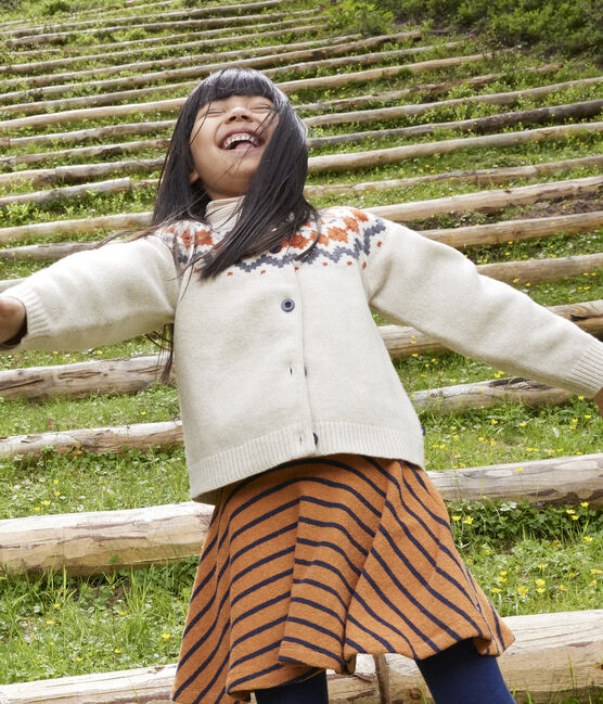 Kinder-Jacquard-Cardigan aus Wolle und Baumwolle für Mädchen beige MONTELIMAR/weiss MULTICO