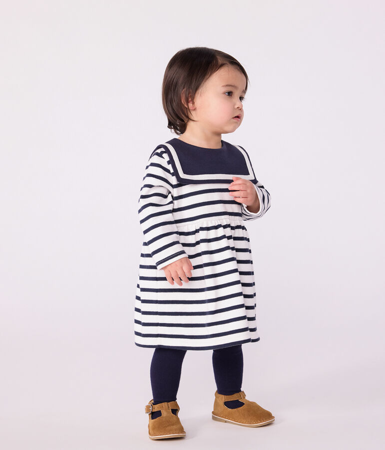 Lang&auml;rmeliges Baby-Kleid aus festem Baumwollstoff mit Matrosenstreifen weiss MARSHMALLOW/blau SMOKING