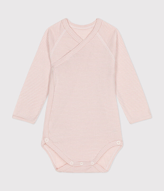 Lang&auml;rmeliger Baby-Wickelbody aus Baumwolle rosa/weiss