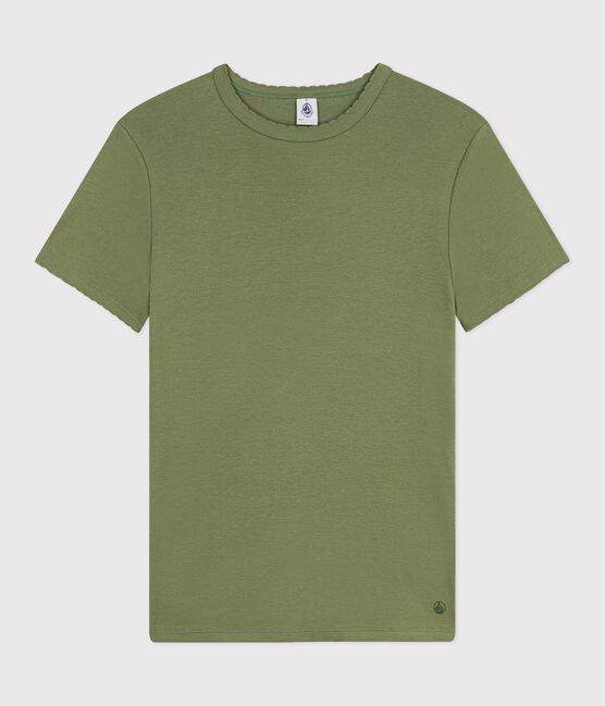 Kurzärmeliges Damen T-Shirt aus einfarbiger Baumwolle grün OLIVINE