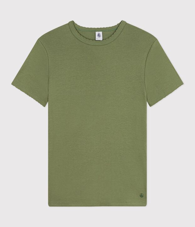Kurz&auml;rmeliges Damen T-Shirt aus einfarbiger Baumwolle OLIVINE