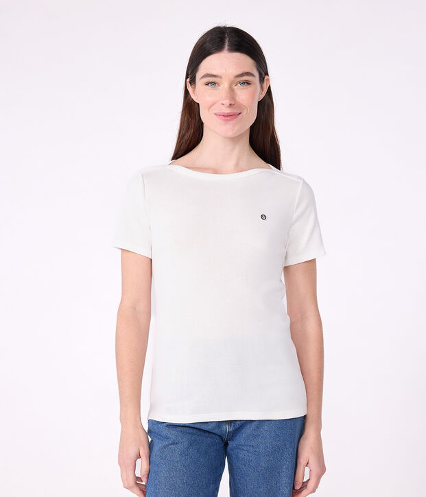 Kultiges Damen-T-Shirt mit Admiralskragen aus Baumwolle weiss