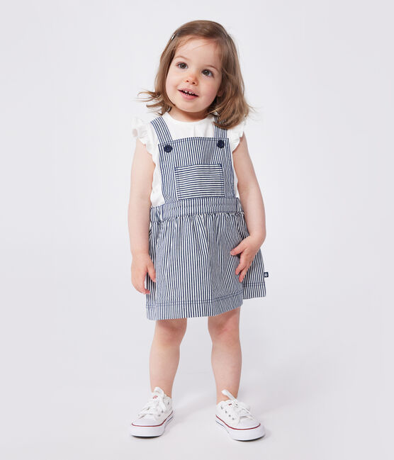 Baby-Latzhosenkleid aus gestreifter Baumwolle blau MEDIEVAL/weiss MARSHMALLOW