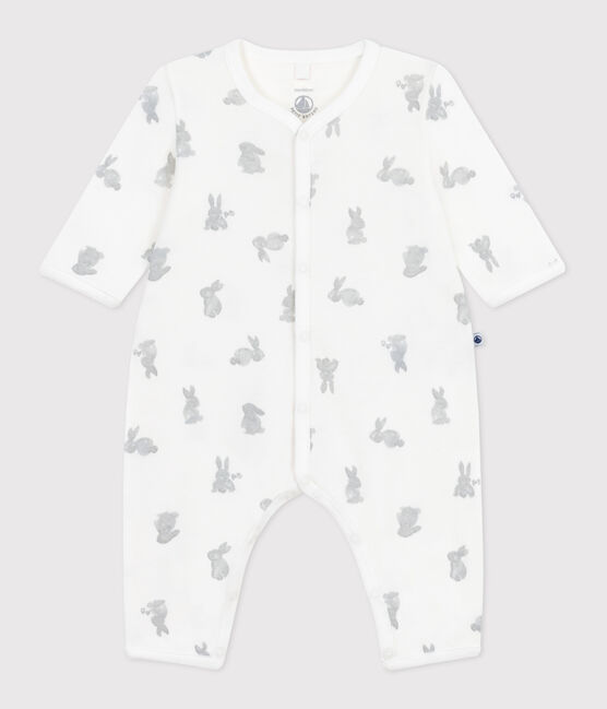 Strampler ohne Füßchen aus Baumwolle mit Hasen-Motiv weiss MARSHMALLOW/grau GRIS