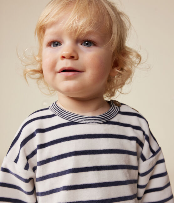 Baby-Sweatshirt aus Bouclette-Samt weiss MARSHMALLOW/blau SMOKING