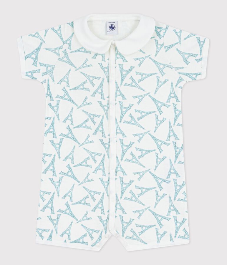 Baby-Kurzoverall aus Baumwolle mit Kragen und Eiffelturm-Motiv weiss/gr&uuml;n