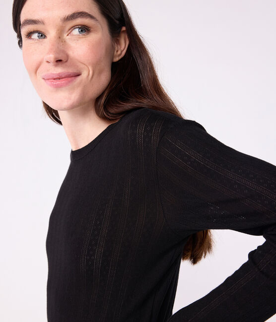 Langärmeliges Damen-T-Shirt L’Iconique aus Baumwolle mit Lochstickerei schwarz BLACK
