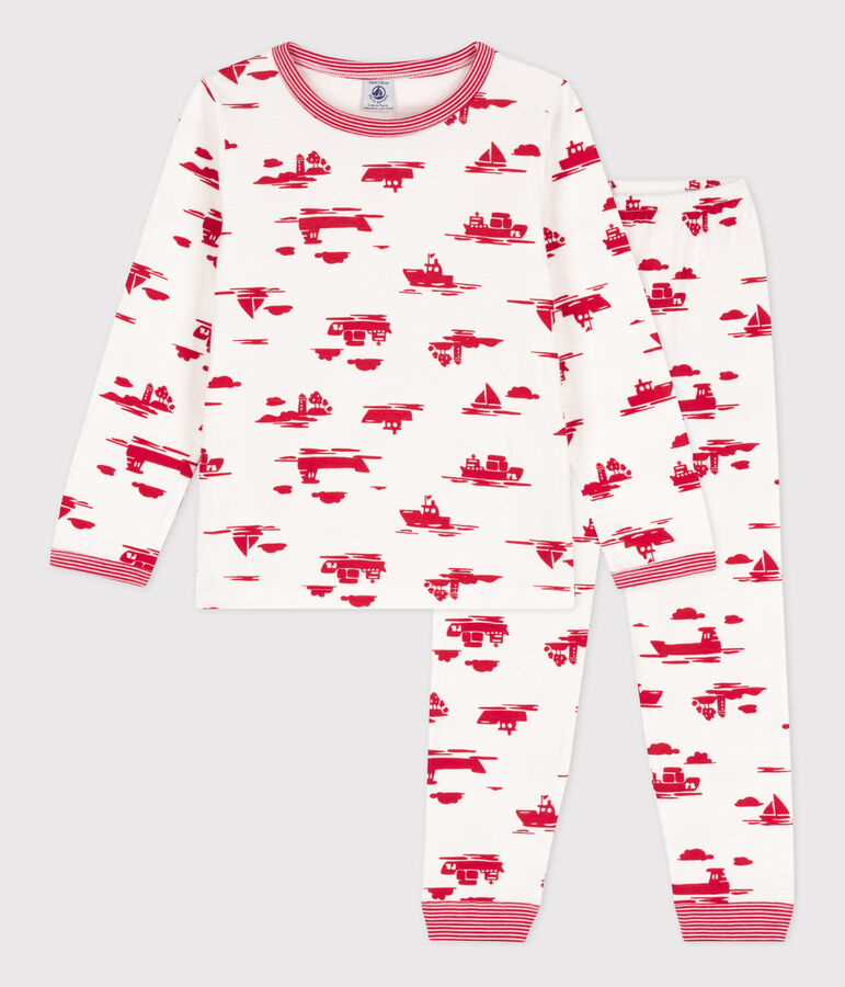 Kinderpyjama Le Havre aus Doppeljersey weiss/rot