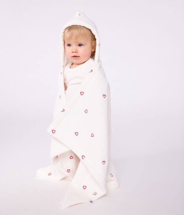 Baby-Badehandtuch aus Frottee mit bestickten Herzen weiss/rosa