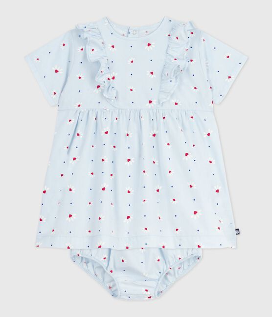 Kurzärmeliges Babykleid aus Baumwolle und dazu passender Bloomer blau FRAICHEUR/weiss MULTICO