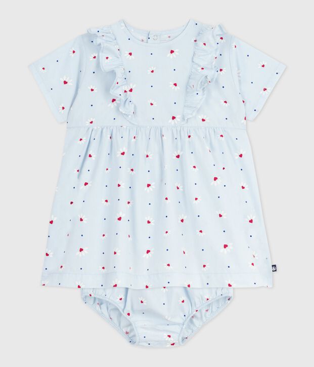 Kurz&auml;rmeliges Babykleid aus Baumwolle und dazu passender Bloomer blau/vielfarbig