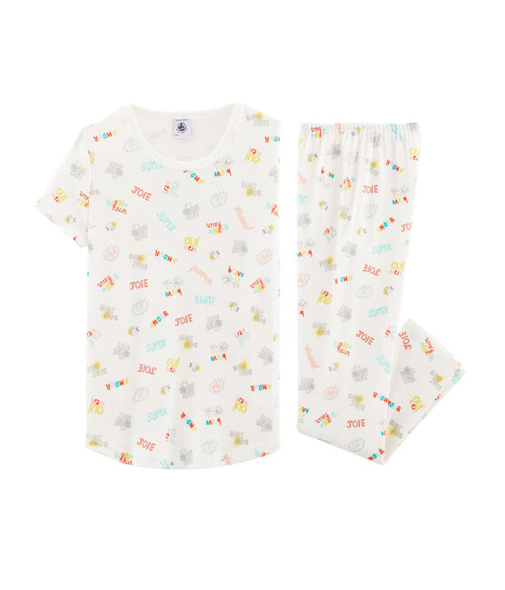 Rippstrick-Pyjama für Mädchen weiss MARSHMALLOW/weiss MULTICO