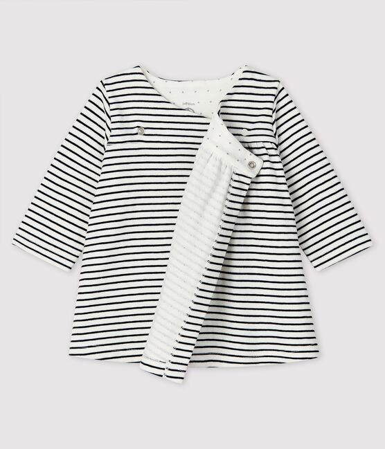 Langärmeliges gestreiftes Baby-Kleid für Mädchen aus Doppeljersey weiss MARSHMALLOW/blau SMOKING
