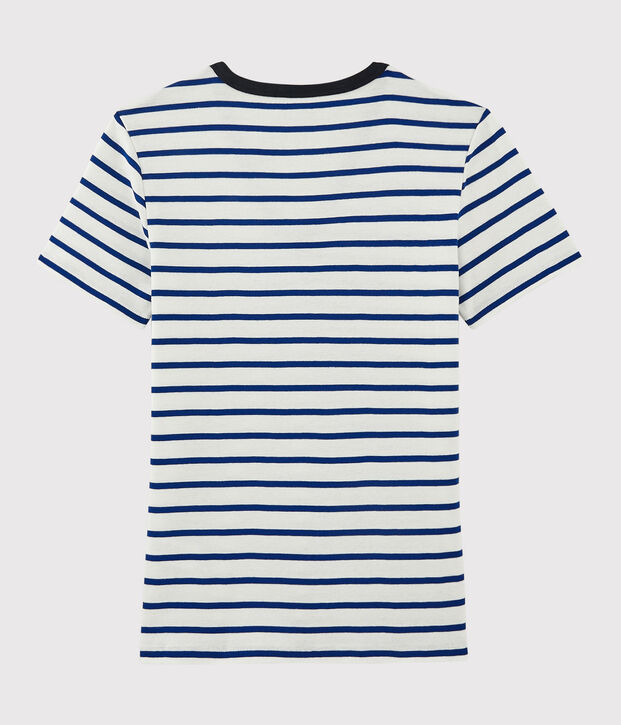 Damen-T-Shirt aus Baumwolle mit V-Ausschnitt weiss/blau