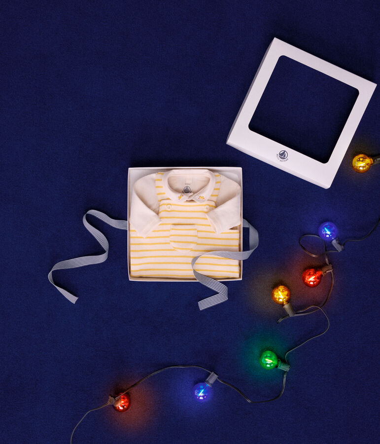 Baby-Set Latzhose und Body aus Baumwolle naturfarben/gelb