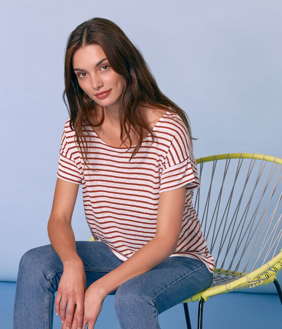 Kurzärmeliges leinen-t-shirt damen weiss MARSHMALLOW/rosa COPPER