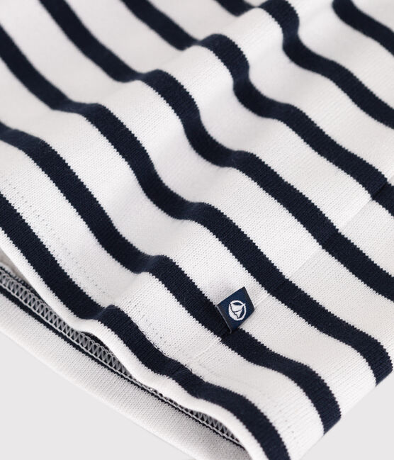 Langärmeliges Baby-Kleid aus festem Baumwollstoff mit Matrosenstreifen weiss MARSHMALLOW/blau SMOKING