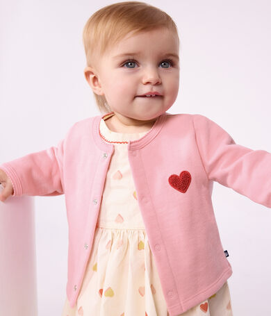Baby-Cardigan aus einfarbiger Baumwolle mit Herzaufn&auml;her