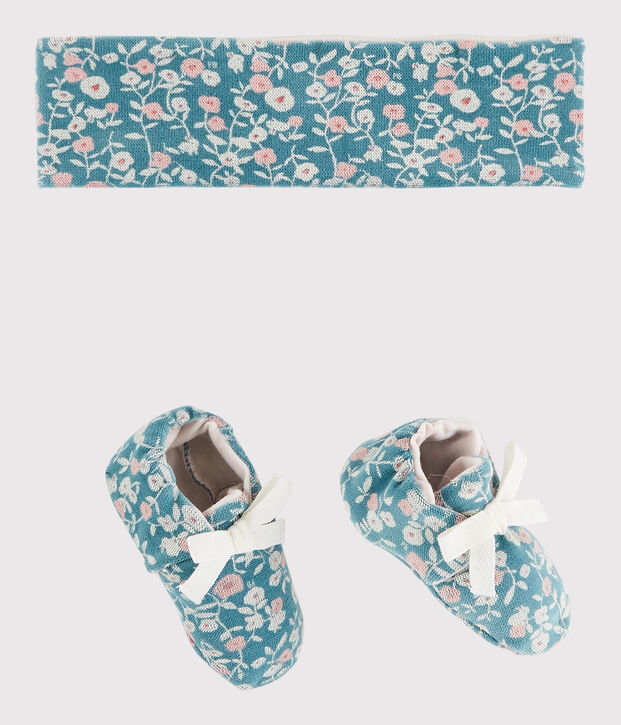 Set aus gebl&uuml;mtem Haarband und Schuhen aus Samt f&uuml;r M&auml;dchen gr&uuml;n/vielfarbig
