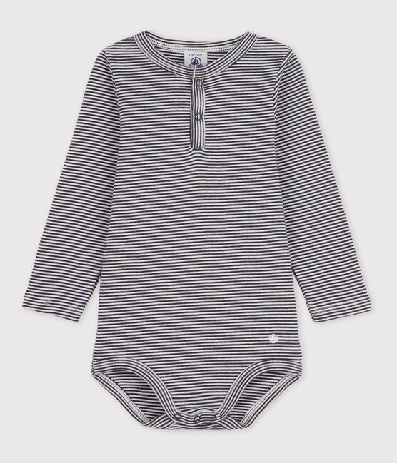 Langärmeliger gestreifter Baby-Body aus Baumwolle mit Tunikaausschnitt blau SMOKING/weiss MARSHMALLOW