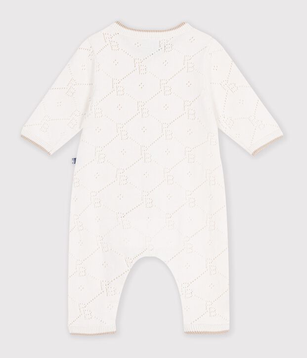 Langer Baby-Overall aus Baumwollstrick mit Lochstickerei MILK