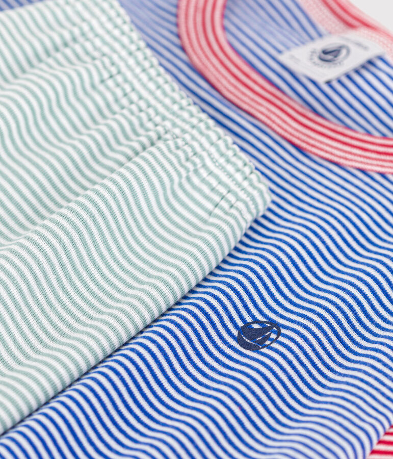 Kurzer Kinder-Pyjama aus gestreifter Baumwolle gr&uuml;n/vielfarbig