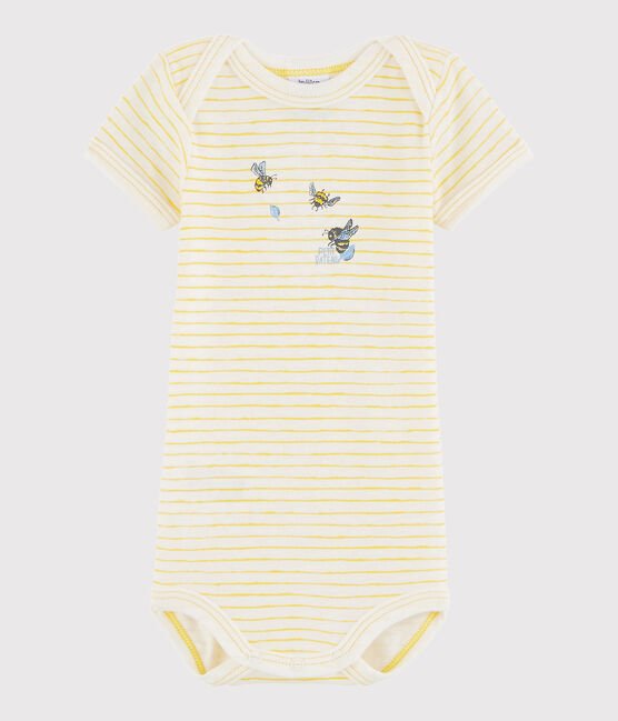 Kurzärmeliger Baby-Body Mädchen/Jungen weiss MARSHMALLOW/gelb JAUNE