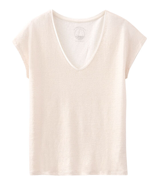 Kurzärmeliges einfarbiges schillerndes leinen-t-shirt damen weiss MARSHMALLOW/rosa COPPER