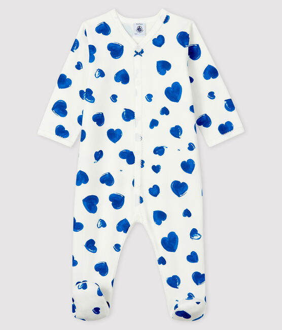 Baby-Strampler aus Molton mit blauen Herzen für Mädchen weiss MARSHMALLOW/weiss MULTICO