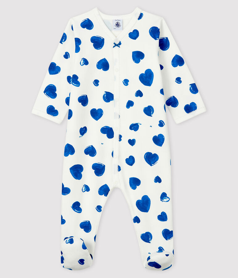 Baby-Strampler aus Molton mit blauen Herzen f&uuml;r M&auml;dchen weiss MARSHMALLOW/weiss MULTICO