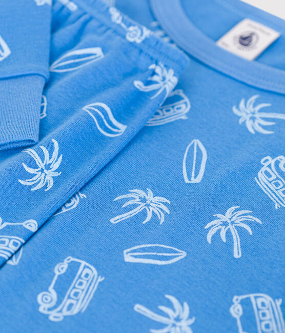 Langärmeliger Kinder-Pyjama aus Baumwolle mit Minibus-Motiv blau BRASIER/grau MARSHMALLOW