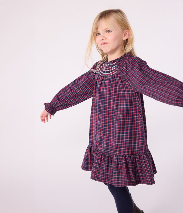 Lang&auml;rmeliges Kinder-Kleid aus Flanell mit Karomuster blau/vielfarbig