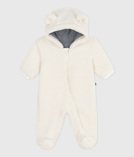 Baby-Schneeanzug aus Sherpa mit Öhrchen und Ringelstreifen-Futter  naturfarben MILK