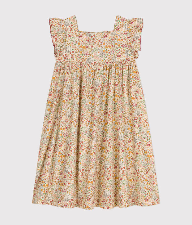 &Auml;rmelloses gemustertes Kinder-Kleid aus Popeline f&uuml;r M&auml;dchen naturfarben/vielfarbig