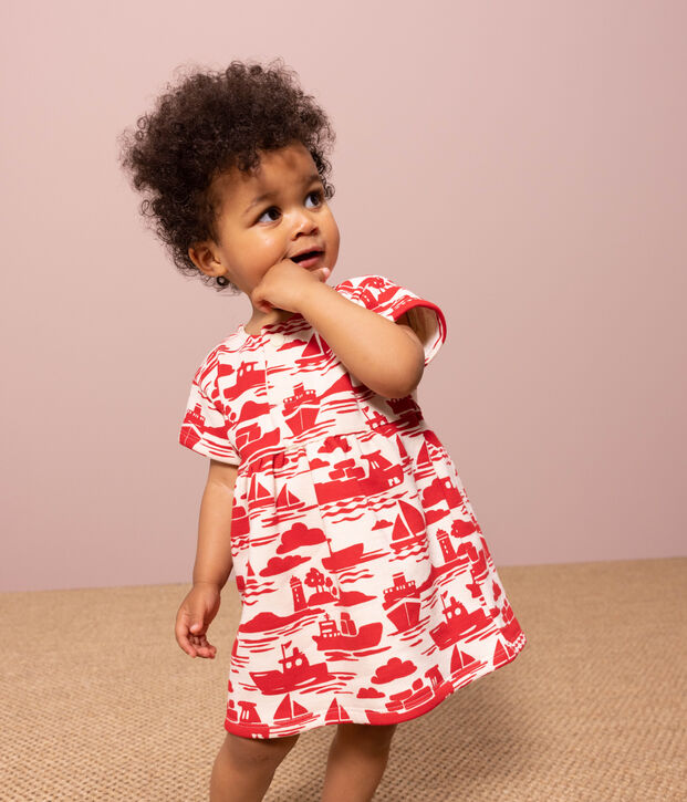 Kurz&auml;rmeliges Baby-Kleid aus bedrucktem Molton f&uuml;r M&auml;dchen naturfarben/rot